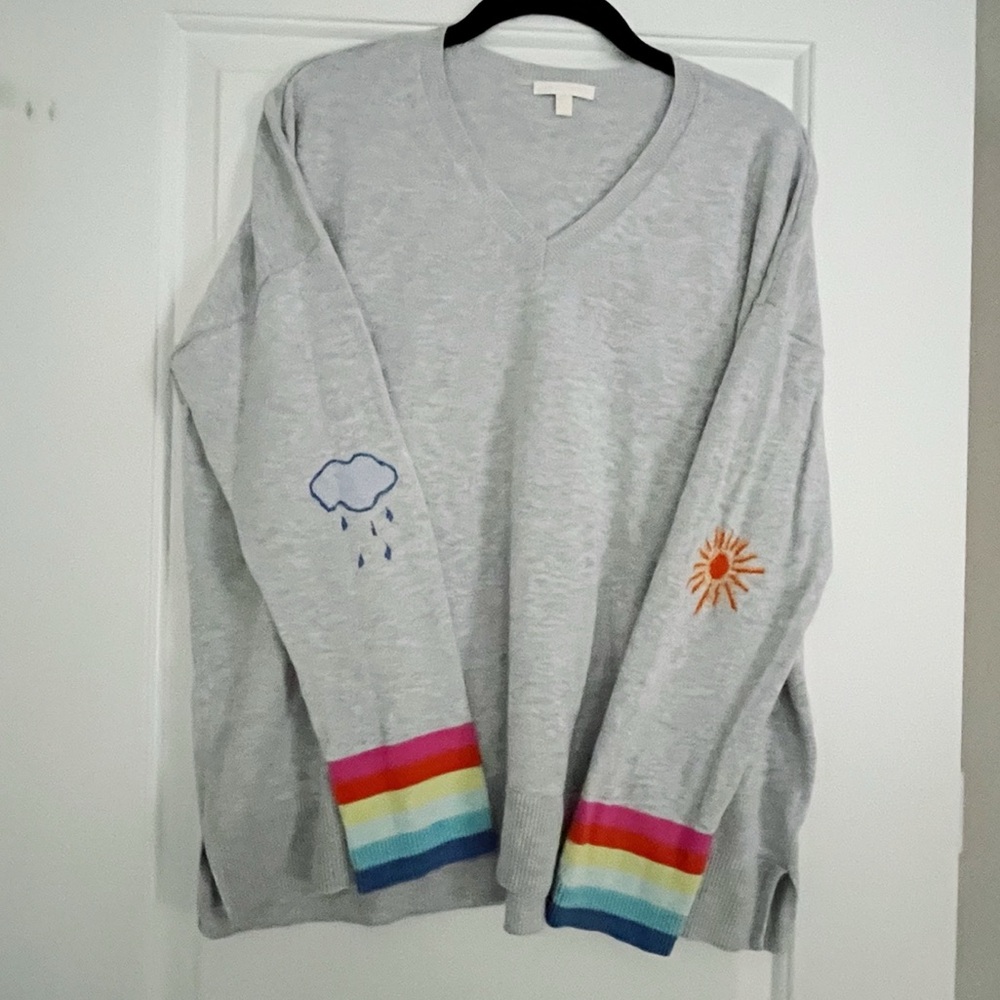 Lisa Todd Light Gray V-Neck Sweater with Rainbow Cuffs